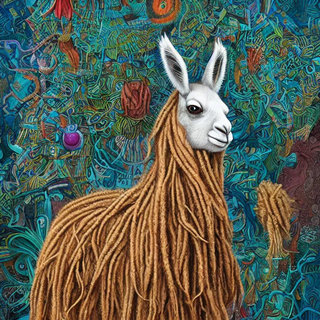 Image similar to llama with dreadlocks, by mandy jurgens, ernst haeckel, patrick caulfield, james jean