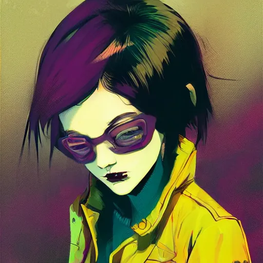 Image similar to Highly detailed portrait of a punk zombie young lady by Atey Ghailan, by Loish, by Bryan Lee O'Malley, by Cliff Chiang, inspired by image comics, inspired by graphic novel cover art !!!Yellow, green, black and purple color scheme ((dark blue moody background))