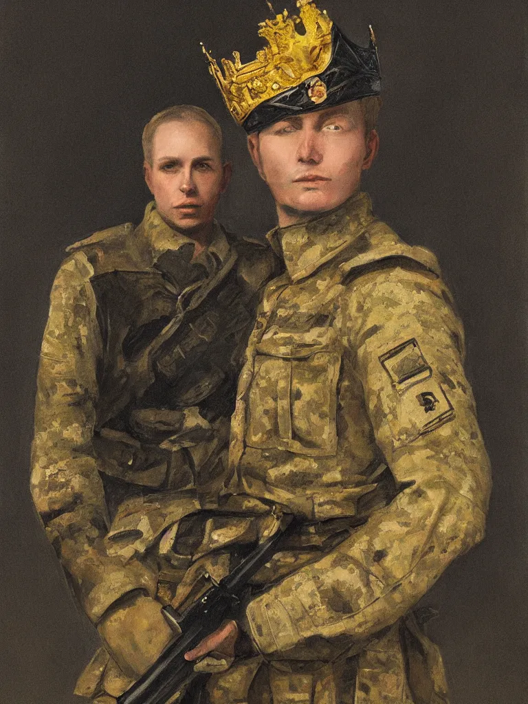 Image similar to portrait of a soldier wearing a crown by michelsngelo