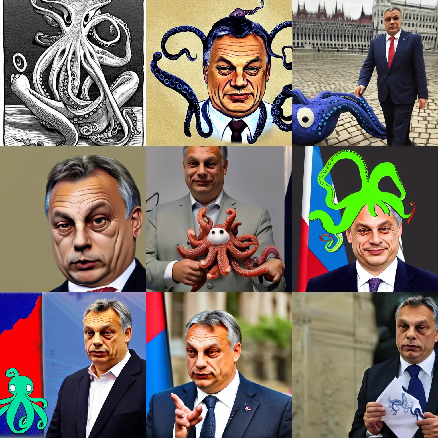 Prompt: hungarian prime minister Viktor Orban as an octopus with tentacles