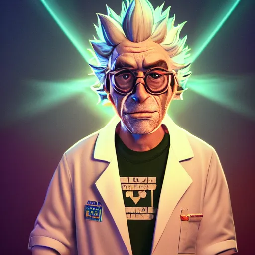 Image similar to portrait of old shaved rick sanchez, lab coat and tee shirt, lens flare, atmosphere, glow, detailed, intricate, full of colour, cinematic lighting, trending on artstation, 4 k, hyperrealistic, focused, extreme details, unreal engine 5, cinematic, masterpiece