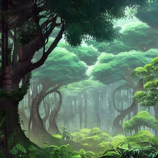 Image similar to stunning tree city in amazon forest by studio ghibli, artstation, environment design