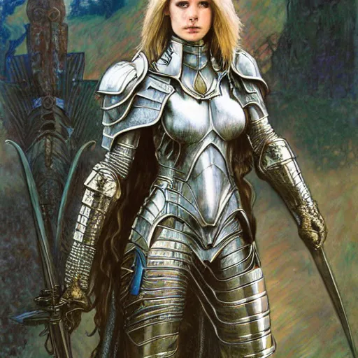 Image similar to quarter length portrait of a armored female paladin, d & d, fantasy, luis royo, magali villeneuve, donato giancola, wlop, krenz cushart, hans zatka, klimt, alphonse mucha