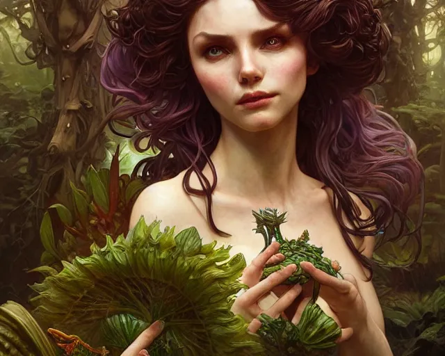 Image similar to drug acid trip forest garden giant vegetables, deep focus, d & d, fantasy, intricate, elegant, highly detailed, digital painting, artstation, concept art, matte, sharp focus, illustration, hearthstone, art by artgerm and greg rutkowski and alphonse mucha