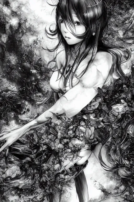 Image similar to a vertical portrait of a character in a scenic environment by Yoshitaka Amano, black and white, dreamy, cybernetic suit, wavy long black hair, highly detailed