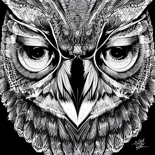 Prompt: black and white illustration head of a owl, super detailed, by dan mumford, by adams ansel, high contrast, monochromatic