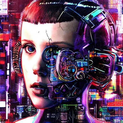 Prompt: Portrait of cyberpunk cyborg Millie Bobby Brown by Yoji Shinkawa