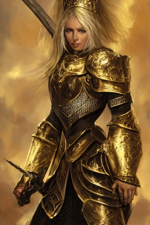Prompt: Gorgeous Blond Lady Knight in an ornamental Gold and Black armor, straight hair, low fantasy, matte painting, by Frank Franzetta, trending on Artstation, trending on Deviantart, artstationHQ, artstationHD, full color, ultra HD, 8k