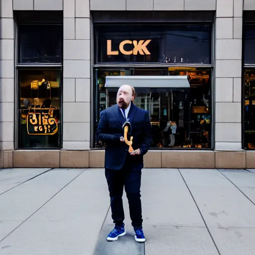 Image similar to louis c k eating a cinnabon, xf iq 4, f / 1. 4, iso 2 0 0, 1 / 1 6 0 s, 8 k, raw, unedited, symmetrical balance, in - frame, sharpened