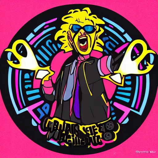 Image similar to svg vector sticker of absolutely insane-mad-scientist-villain, rocking out, wearing headphones, huge speakers, dancing, rave, DJ, spinning records, digital art, amazing composition, rule-of-thirds, award-winning, trending on artstation, featured on deviantart