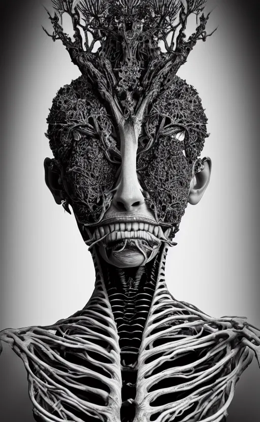 Image similar to a black and white high quality photo of a young beautiful female queen-vegetal-dragon-cyborg bust with a very long neck and Mandelbrot fractal face, Mandelbrot fractal skin, flesh, anatomical, facial muscles, veins, arteries, elegant, highly detailed, flesh highly baroque ornate, hair are wired cables, elegant, high fashion, rim light, octane render, in the style of Cindy Sherman, Realistic, Refined, Digital Art, Highly Detailed, Cinematic Lighting, rim light, black and white, photo-realistic, 8K