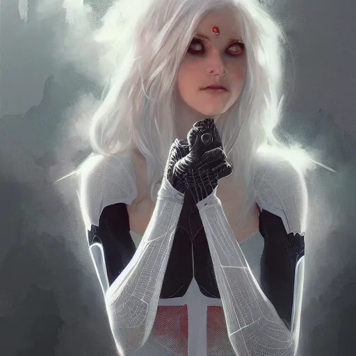 Image similar to full body portrait of white haired girl in spider man suit, super hero, webs, highly detailed, very beautiful face, very detailed eyes, digital art, artstation, concept art, smooth, sharp focus, greg rutkowski, wlop