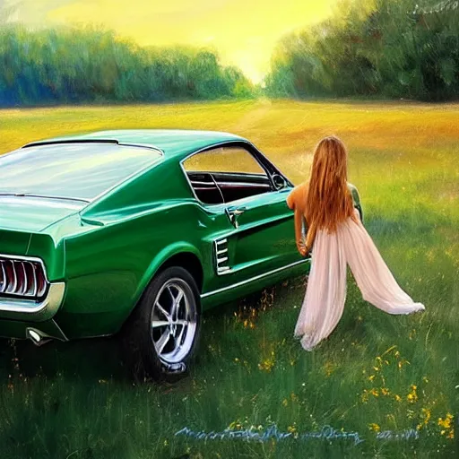 Image similar to green 1967 Ford Mustang GT, Swedish countryside, freedom, dawn, beautiful blonde woman, atmospheric, painting by Vladimir Volegov