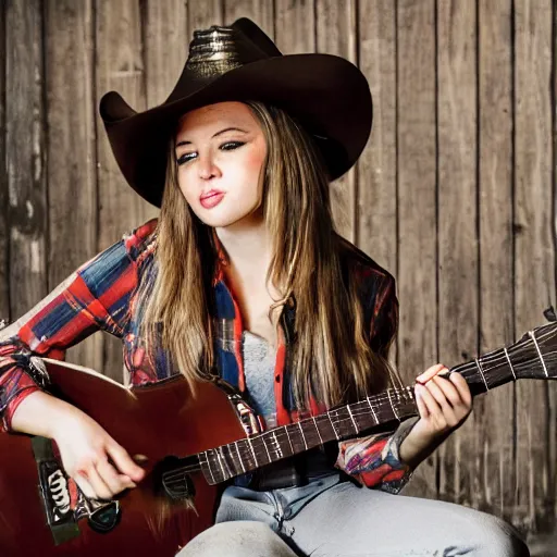 Image similar to a female fox animal, wearing cowboy hat, wearing plaid shirt, playing guitar, inside a barn, album cover style