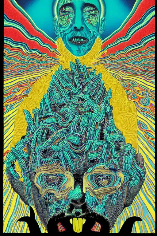 Prompt: man licks a tab of LSD acid on his tongue and experiences psychedelic hallucinations, screenprint by kawase hasui, alex grey and dan hillier, colorful flat surreal design, hd, 8k, artstation