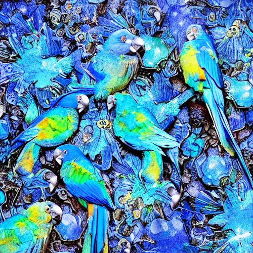 Prompt: blue parrots emerging from fluids, ink splash, intricate details, 16k, post processing, saturated blue colours