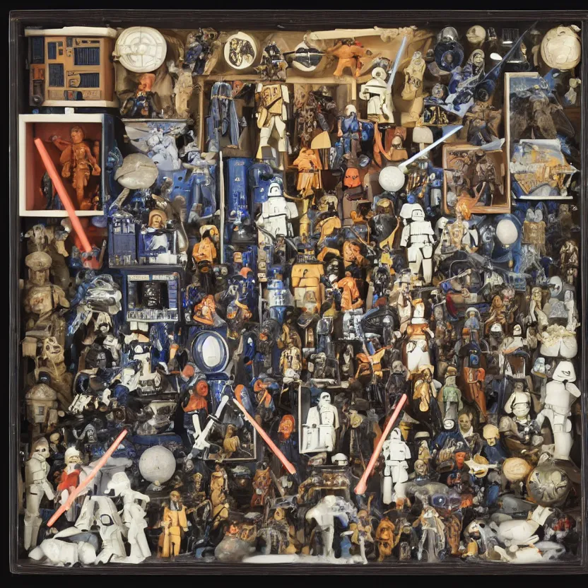 Prompt: a well - lit, detailed museum archive rich color photograph of a star wars memory box by joseph cornell, containing action figures, black and white photographs, and a star chart