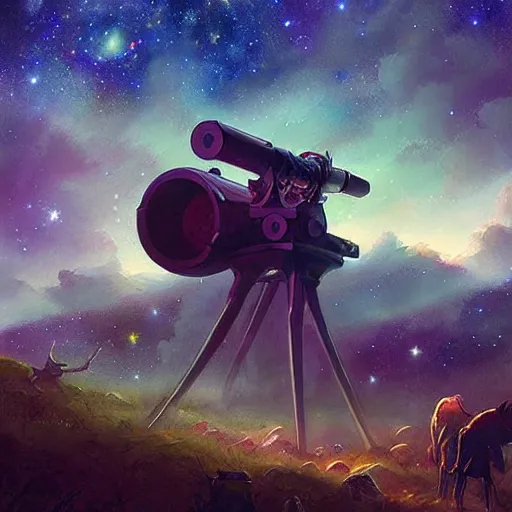 Image similar to modern binocular telescope looking at the galaxy sky, hearthstone coloring style, artwork by greg rutkowski, epic fantasy style art, fantasy epic digital art