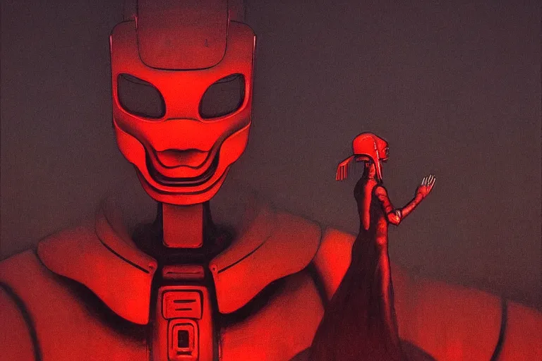 Prompt: only with red, a red cyborg samurai, tokio futuristic in background, some evil yokai, in the style of beksinski, parts by edward hopper, parts by rodcenko, parts by yue minjun, intricate and epic composition, red by caravaggio, insanely quality, highly detailed, masterpiece, red light, artstation, 4 k