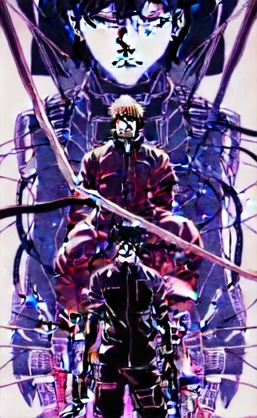 Image similar to an intricate detailed main cover of the manga, a strong male anime hero with two magical swords, in neo tokyo cyberpunk city with spirit sight, by Katsuhiro Otomo + Sui Ishida, in the anime Ghost In the Shell, trending on artstation + clean lines + lineart +clean edges