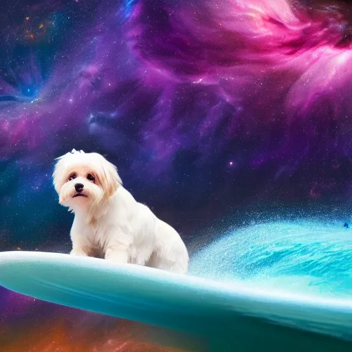 Image similar to a cream-colored Havanese dog surfing on top of a cosmic wave of iridescent energy, with a background of gorgeous nebulas and galaxies Rutkowski, 4k, masterpiece