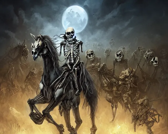 Prompt: evil skeleton riding evil skeleton horse in tatters in front of an army of evil skeleton soldiers against a dark and stormy night, illustration, by ( kieran yanner ) ( miranda meeks ) ( anna podedworna ) ( cristi balanescu ), digital art