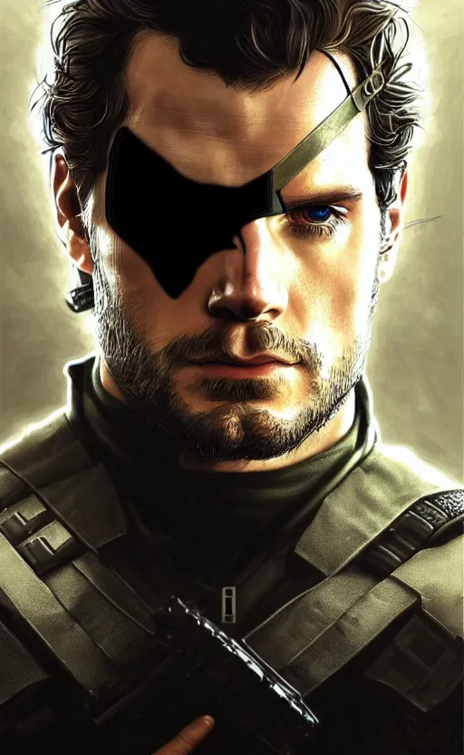 Image similar to portrait of henry cavill as solid snake, eye patch, metal gear solid, upper body,, henry cavill!!!, fantasy, intricate, elegant, highly detailed, digital painting, artstation, concept art, smooth, sharp focus, illustration, art by artgerm and greg rutkowski and alphonse mucha