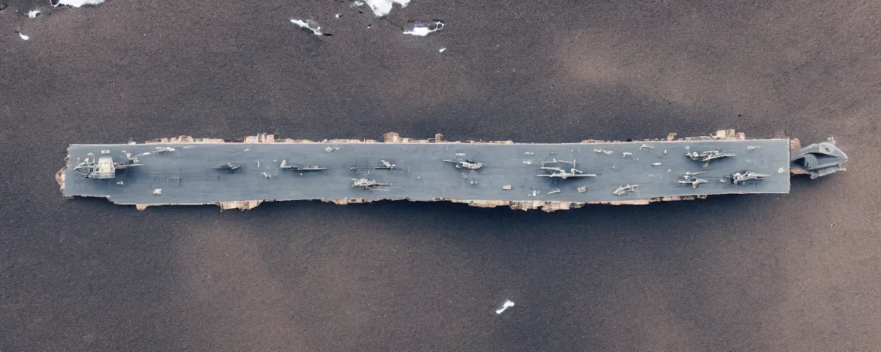 Image similar to low angle cinematic aerial shot of abandoned aircraft carrier in the middle of black sand beach in iceland