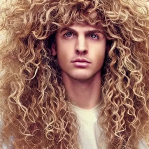 Image similar to a beautiful dream with long blond curly hair on his head