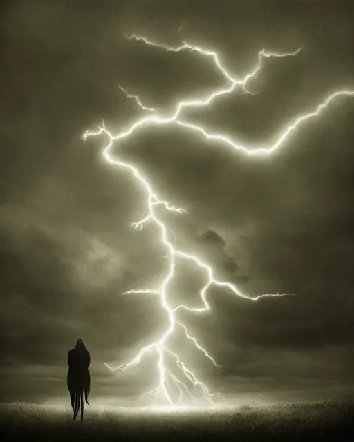 Prompt: Award winning Editorial photograph of Early-medieval Scandinavian Folk mythological Vættir in a lightning storm by Lee Jeffries, 85mm ND 4, perfect lighting, gelatin silver process