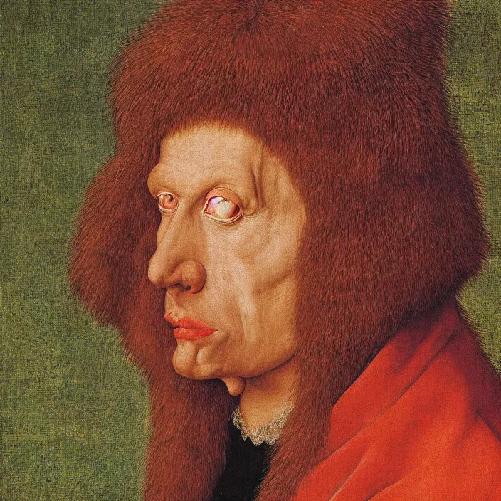 Prompt: close up portrait of a mutant monster creature with very long eyelashes that go up, covering the entire forehead. colorful painting by jan van eyck, audubon