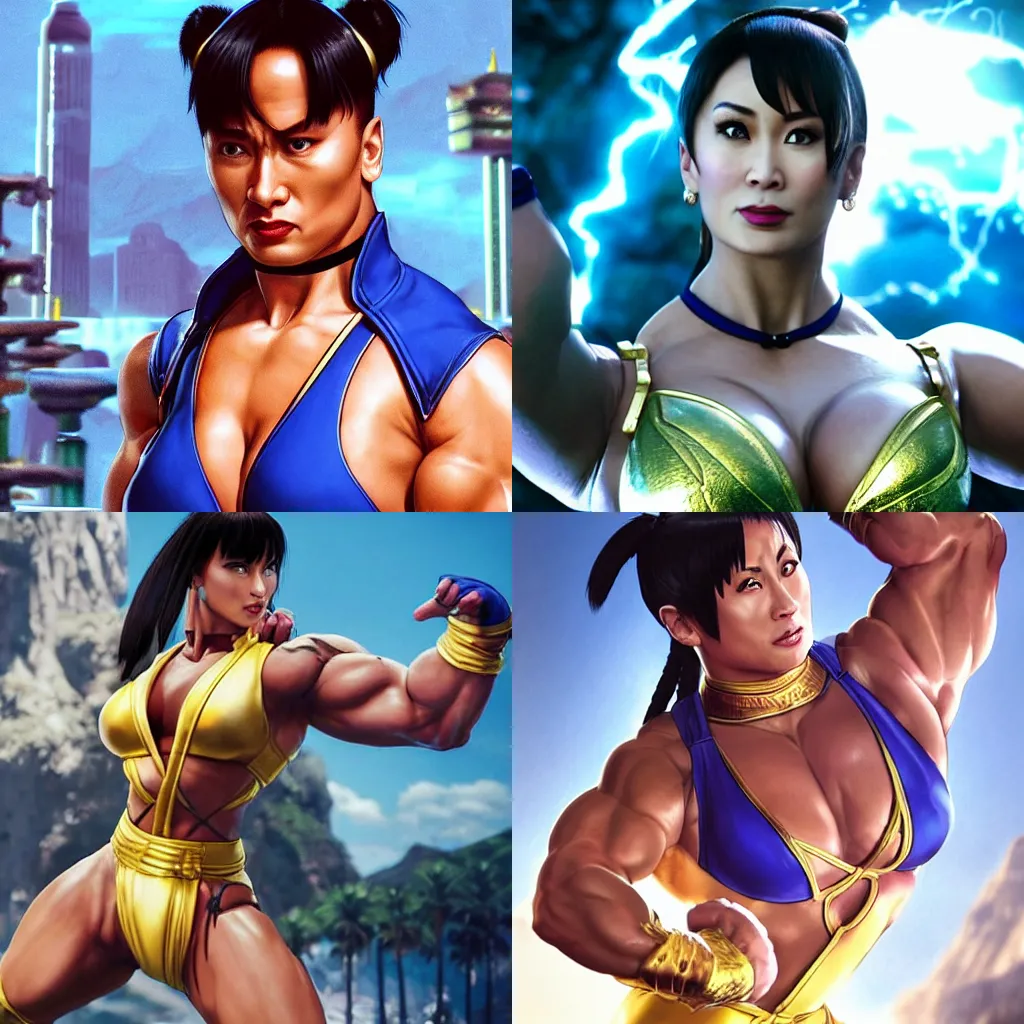 Prompt: dwayne johnson in tight woman chun li outfit with dwayne johnson face and dwayne johnson body, visible head and eyes, dwayne johnson dressing like chun li in street fighter, dwayne johnson wearing chun li's bikini, without chun li , intricate, epic lighting, cinematic composition, hyper realistic, 8k resolution, unreal engine 5, by Artgerm, tooth wu, dan mumford, beeple, wlop, rossdraws, James Jean, Andrei Riabovitchev, Marc Simonetti, yoshitaka Amano, Artstation