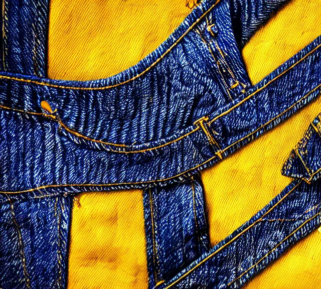 Image similar to a 4 k photorealistic photo full shot of a yellow and blue gun denim.