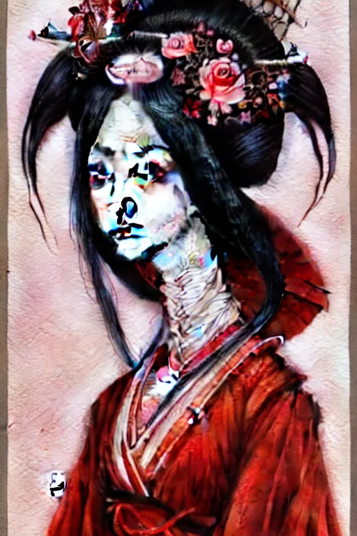 Image similar to watercolor painting of a japanese bjd geisha vampire queen with a long neck in a victorian lolita fashion red dress in the style of dark - fantasy painted by tom bagshaw, amy sol, nekro, dmt art, symmetrical vogue face portrait, intricate detail, artstation, cgsociety, artgerm, rococo