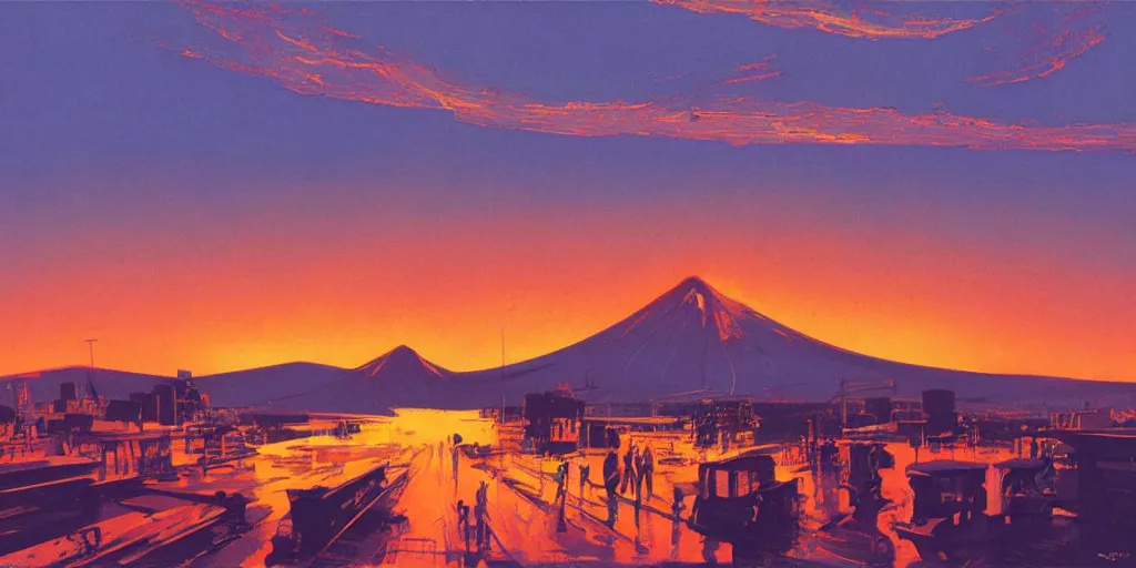 Prompt: ”large city with volcano erupting in the background in the sunset, photorealistic, by syd mead”