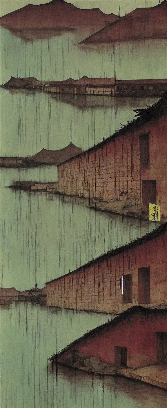 Image similar to a chinese prison near a river by peter doig, muted colors