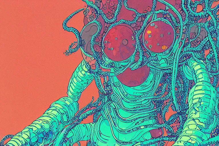 Image similar to risograph grainy drawing vintage sci - fi, satoshi kon color palette, gigantic gundam full - body covered in iridescent dead coral reef 1 9 6 0, kodak, with lot tentacles, natural colors, codex seraphinianus painting by moebius and satoshi kon and dirk dzimirsky close - up portrait