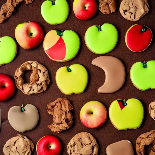 Prompt: cookies intertwined with apples, explosion, extreme intensity, fantastic landscape