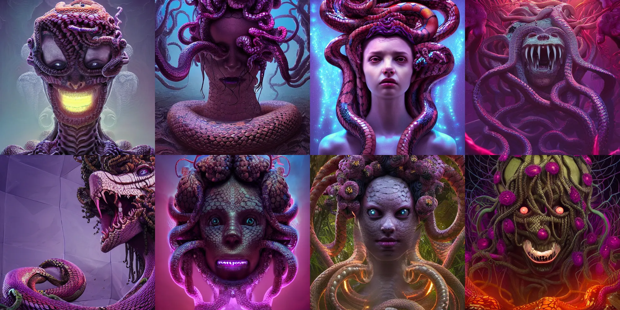 Image similar to beautiful scary dark medusa gorgon gaze head, highly detailed snakes, beautiful flowers, beautiful dark creepy landscape, in the style of beeple and mike winkelmann, intricate, epic lighting, cinematic composition, hyper realistic, 8 k resolution, unreal engine 5, raytracing, ultraviolet colors,