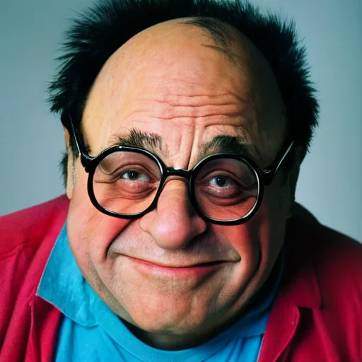 Image similar to closeup Danny DeVito dressed as kirby, round pink character, by Steve McCurry and David Lazar, natural light, detailed face, CANON Eos C300, ƒ1.8, 35mm, 8K, medium-format print