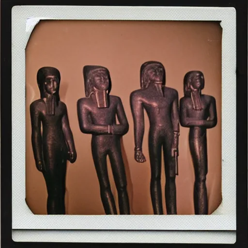 Prompt: Polaroid photo of fragmented Egyptian sculpture of the Beatles