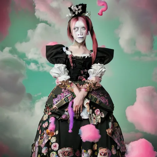 Image similar to 8 k, octane render, realism, tonalism, renaissance, rococo, baroque, portrait of a young - lady wearing long - harajuku manga - dress with flowers and skulls, cotton candy!! ( background chaotic cotton candy flowers )