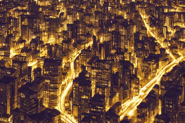 Image similar to Close-up view of an oppressive metropolis at night, sci fi imperial russian city with narrow streets, tall brutalist architecture buildings, city lights spilling upwards above the top of the buildings, digital art,