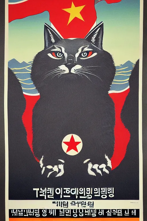 Image similar to north korean propaganda poster, caracal cat, big floppa, dictator, caracal as great ruler, leader, god emperor, fascist propaganda, ( ( human ) )