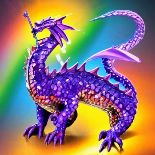 Image similar to magnificent crystal dragon, silky purple in color, rainbow Starburst background, focus on dragon