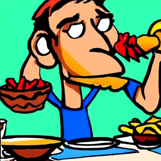 Prompt: a cartoon of a very skinny man feasting on chicken drumsticks