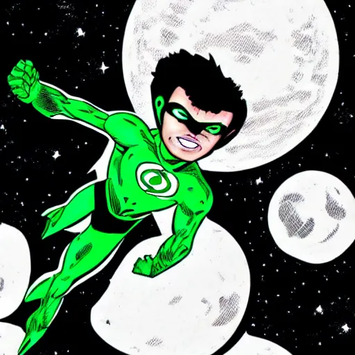 Image similar to comic Green Lantern in black and white uniform in space flying infront of the moon,