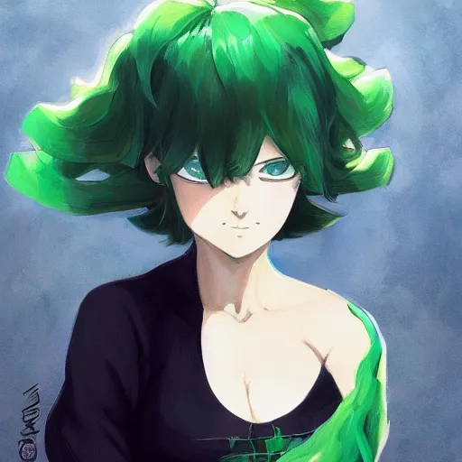 Prompt: painting of tatsumaki from one punch man, green hair, black dress, cool color palette, refreshing, soft lighting, highly detailed, digital painting, by cushart krenz, by makoto shinkai