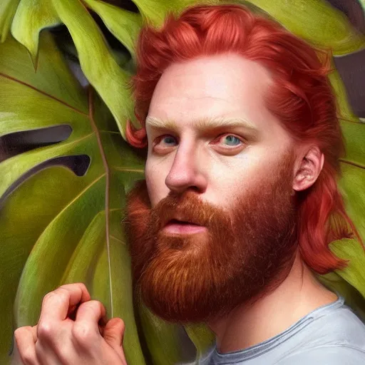 Prompt: A Portrait of Patrik Lindkvist, a bearded red-haired man in his 30's, living in Mönsterås and Los Angeles. Detailed digital art, portrait, D&D, fantasy, highly detailed, digital painting, artstation, concept art, sharp focus, illustration, art by artgerm and greg rutkowski and alphonse mucha