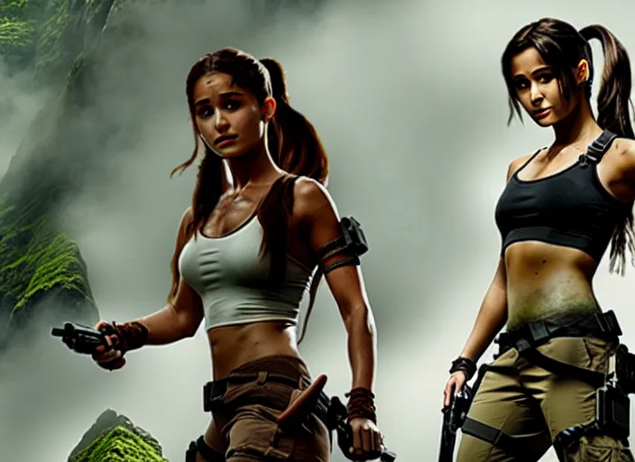 Image similar to film still of!!!! ariana grande!!! as lara croft in new tomb raider movie, 8 k